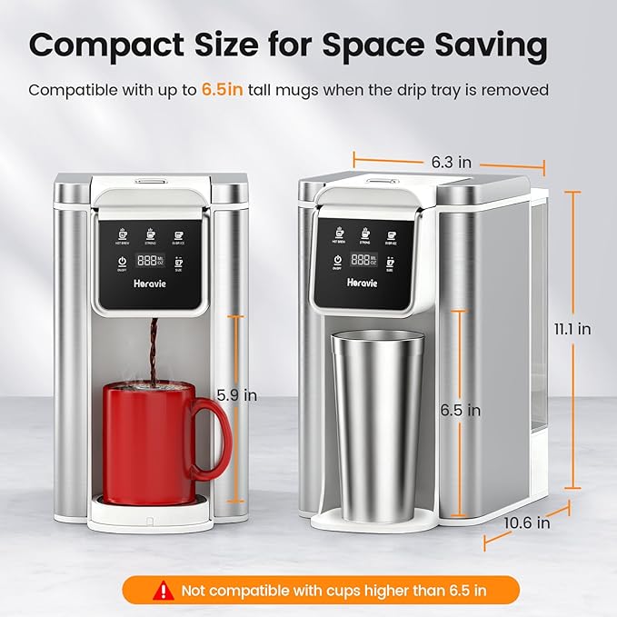 Single Serve Coffee Maker for K-Cup Pod and Grounds, Hot and Iced Coffee Maker, Strong Button Feature, 6 to 14oz Brew Sizes, 50oz Removable Reservoir, Fit 6.5" Mugs, Stainless Steel, White