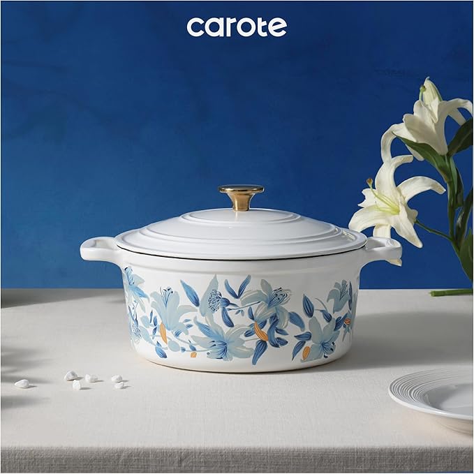 CAROTE 5 QT Cast Iron Dutch Oven Pot with Lid, Enameled Floral Dutch Ovens with Cotton Potholders & Oven Gloves, Gift Box, Cast Iron Pot for Sourdough Bread Baking, Braising, Stews, Roasting, Dual Handles, All Stovetop Compatible, Oven Safe up to 500° ...