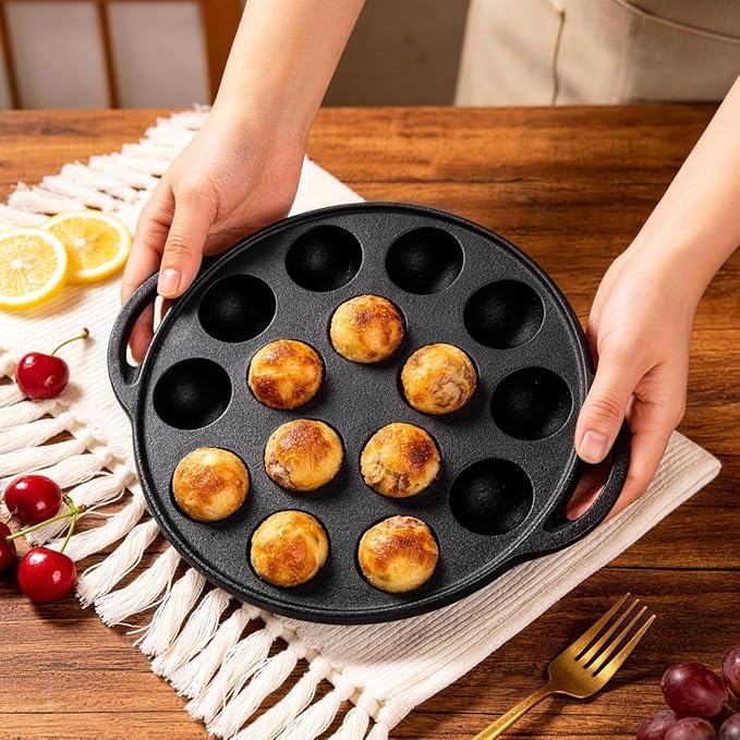 Cast Iron Takoyaki Pan with 15 Holes, Non-Stick Escargot Plate for Snails and Meatballs, Includes Forks and Brush, Compact Size for Home and Professional Use