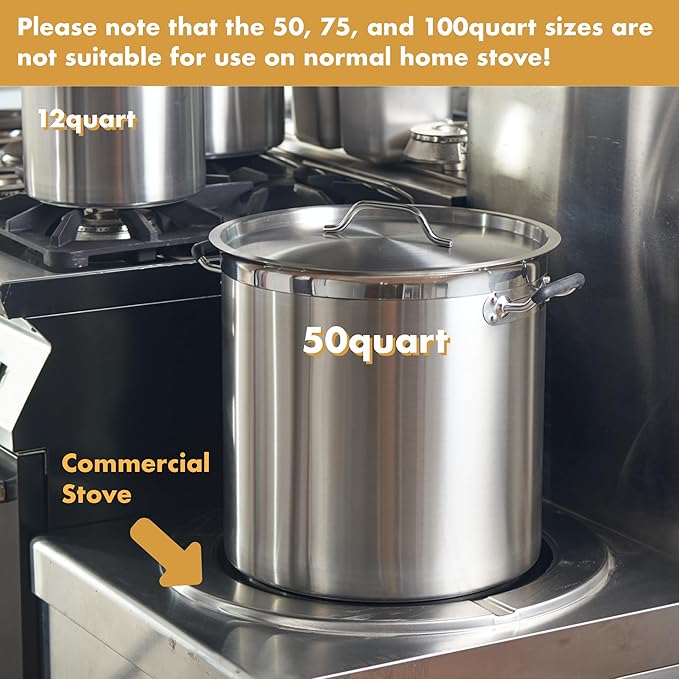 CURTA 50 Quart Large Stock Pot with Lid - Bottom Width 15.7 Inches - NSF Listed 3-Ply Clad Base 18/8 Stainless Steel Commercial Induction Ready Cookware