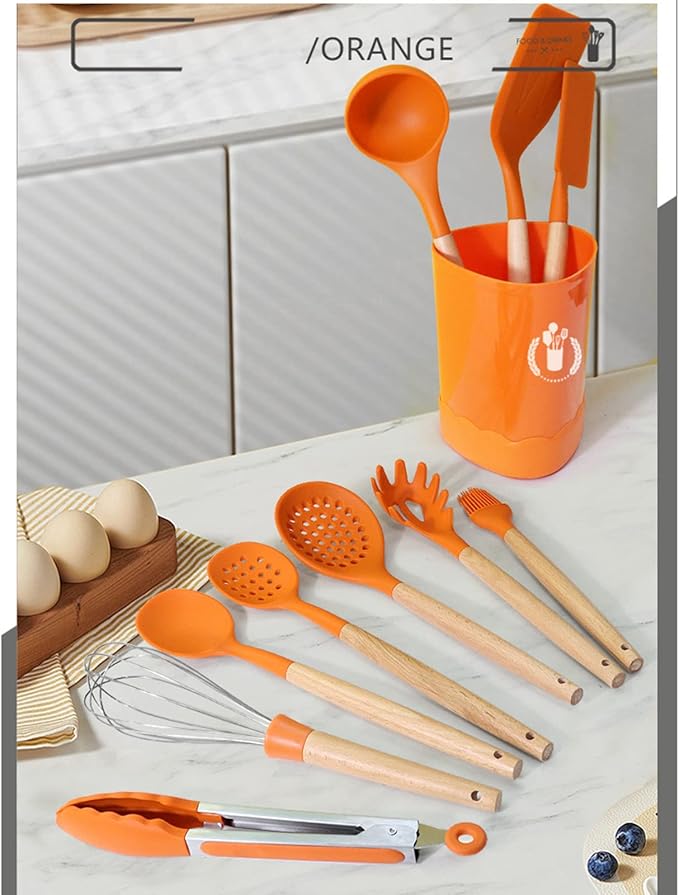 Orange Silicone Kitchen Cooking Utensils Set, Heat Resistant Silicone Kitchen Gadgets Utensils Set with Wooden Handle, Spoons Spatula Whisk with Holder for Nonstick Cookware