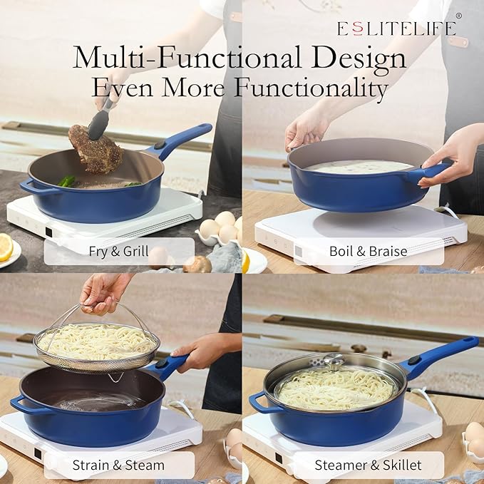 ESLITE LIFE Nonstick Always Pan with Lid, 11 Inch(4.5 Qt) Deep Frying Skillet Sauté Pan, Safe for Oven, Induction & All Cooktops, PTFE & PFOA Free (Blue Granite, 11" w/Lid & Steamer)
