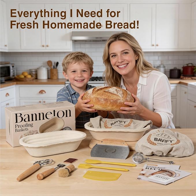 Sourdough Starter Kit, 11" Oval Wood Pulp Banneton Bread Proofing Baskets Set, Sourdough Bread Baking Supplies Making Tools with Dough Scraper, Whisk, Bread Lame, Recipe