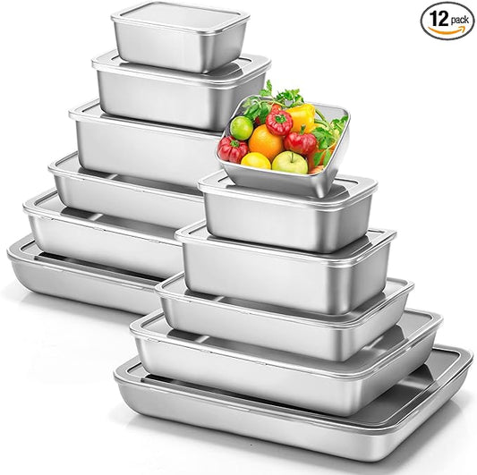 12pcs 6 Sizes Stainless Steel Food Storage Container with Lid Reusable Meal Prep Container Stackable Metal Storage Box Kitchen Tray for Meat Marinating Oven Freezer Leftovers Dishwasher Safe