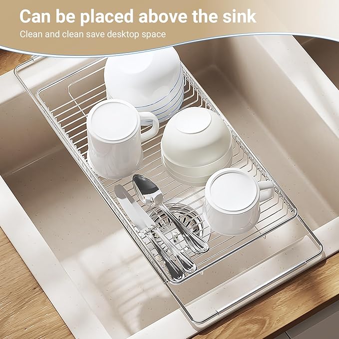 Expandable Over The Sink Dish Drainer Drying Rack, Stainless Steel Metal, Small Adjustable Dish Drainer Drying Rack for Kitchen Counter, Space Saving for Compact Kitchen
