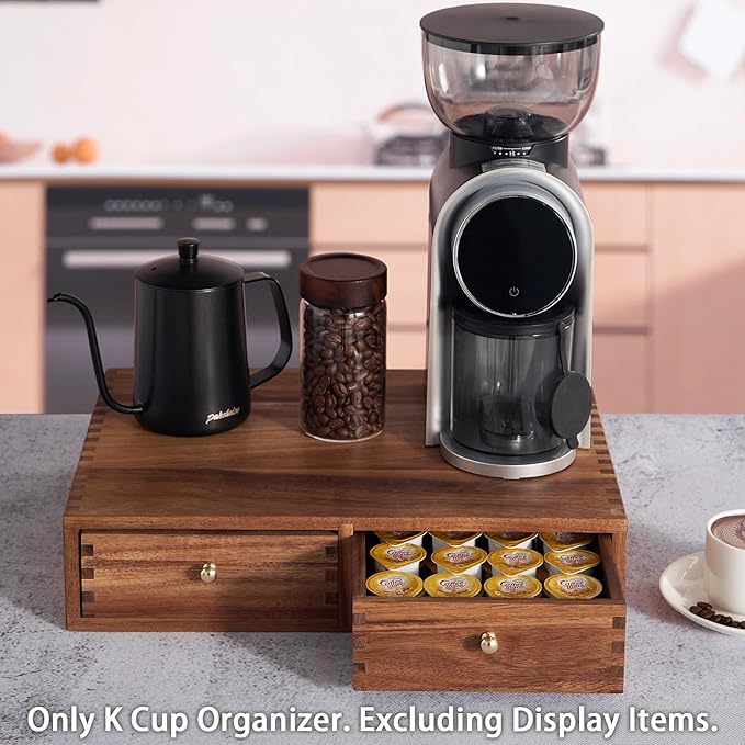 Acacia Wood K Cup Organizer Drawer, Coffee Pod and Tea Storage Box with Non-Slip Pad, 30 Pod Capacity Under Brewer, Countertop Coffee Station Holder for Machine Stand