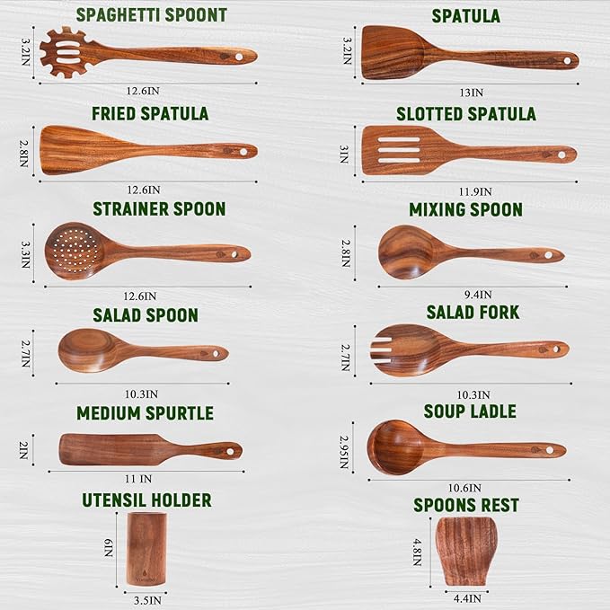 12 Piece Wooden Spoons for Cooking, Natural Teak Wooden Utensils Set, Handmade Wood Kitchen Utensil Set with Holder and Spoon, Durable Nonstick, Comfort Grip Wood Cookware Tool