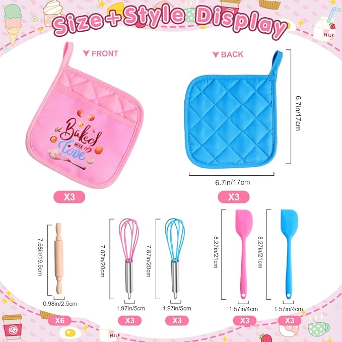24 Pcs Kids Mini Baking Supplies with Kitchen Utensil, Pot Holders, Spatula, Rolling Pin, Whisk for Kids Classroom School Exchange Party Favors (Medium)