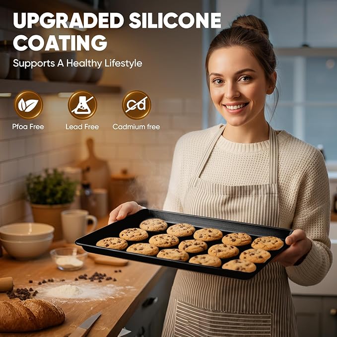 Nonstick Baking Sheet Pan Set of 3, Heavy Duty Cookie Sheets for Oven with Stripe Texture Pattern, 0.6mm Thick Quarter/Half/Jelly Roll Pans, Rust-Resistant & Easy Clean (Black)