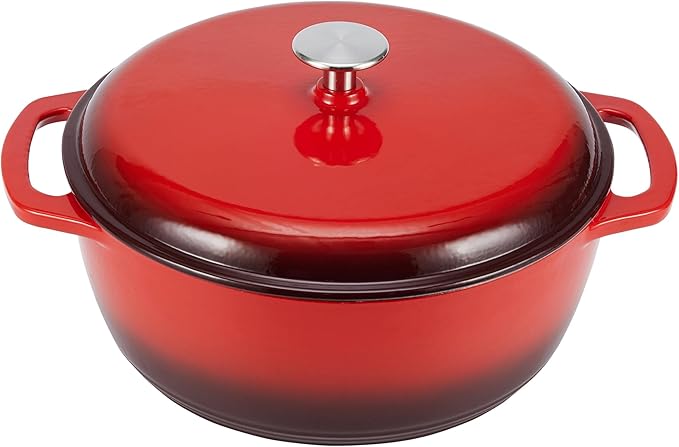 Amazon Basics Enameled Cast Iron Dutch Oven Pot with Lid, Round, Dual Handles, Heavy-Duty, Oven Safe for Stews, Roasting, Baking, 4.3-Quart, Red