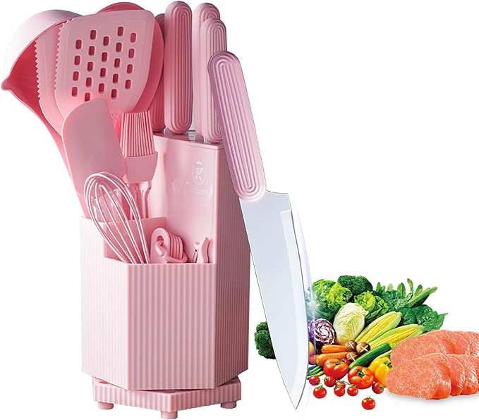 Kitchen Utensils Set,Caliamary 19 PCS Cooking Utensils Set with 360° Rotating Holder,Non-Stick Heat Resistan Kitchen Tools and Gadgets with Anti-slip Handle,Silicone One-Piece Molding (Pink)