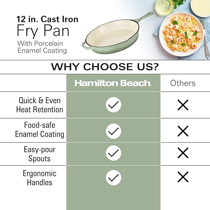 Hamilton Beach Enameled Cast Iron Fry Pan 12-Inch Sage, Cream Enamel Coating, Skillet Pan For Stove top and Oven, Even Heat Distribution, Durable