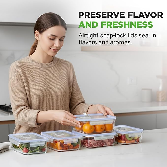 NutriChef 10 Piece Glass Food Storage Containers with Lids – 30 oz Meal Prep Containers Reusable – Airtight Glass Lunch Containers for Food Storage – Freezer to Oven Safe - Blue