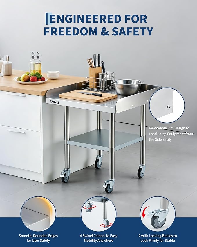 Garvee Stainless Steel Work Table, 30x36x26 Inch Commercial Food Prep Worktable with Wheels, Detachable 3-Sided Backsplash & Height-Adjustable Shelf, Heavy Duty Workbench for Kitchen Restaurant Garage
