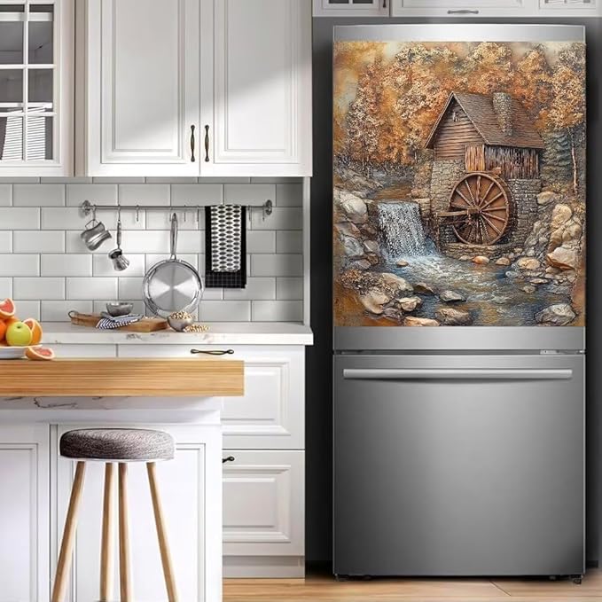 Rustic Water Mill Dishwasher Magnet Cover, Waterfall Scene with Cottage Refrigerator Magnetic Vinyl Sticker for Dishwasher Door, Decorative Kitchen Appliance Panel Decal, 23Wx26H Inches