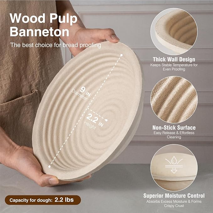 Sourdough Starter Kit, 9" Round 1KG Wood Pulp Banneton Bread Proofing Baskets Set, Sourdough Bread Baking Supplies Making Tools with Dough Scraper, Whisk, Bread Lame, Recipe