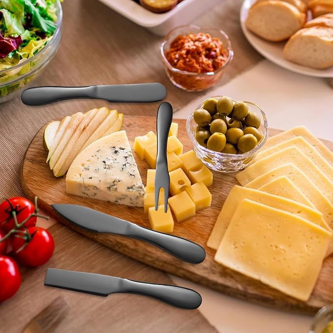 Black Butter Knives Set 7 Pieces Stainless Steel Kitchenware Utensils Gadgets include cheese Knife, Cheese Spreader, Cheese Forks, Cheese Slicer, Cheese Cutter, Butter Knife