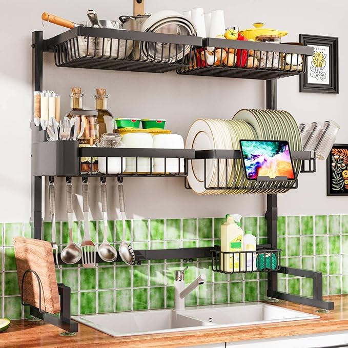Over The Sink Dish Drying Rack 27-40L x 12W x 32.5-37H (inches) (Expandable Height and Length) Snap-On Design 2 Tier Large Dish Rack