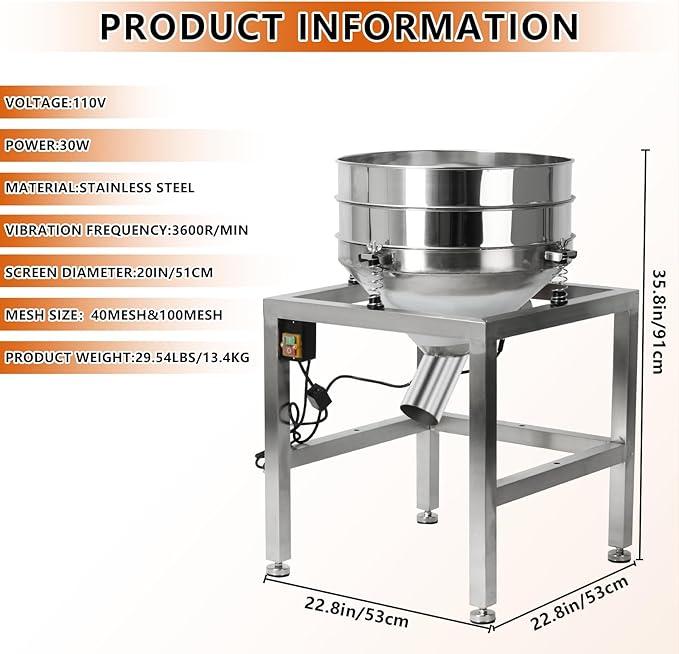 Automatic Powder Sifter Machine,110V Electric Powered Flour Sifter with 19.6" 40Mesh&100Mesh Sieve Screen for Baking Powder Grain Particles Food Industrial Processing