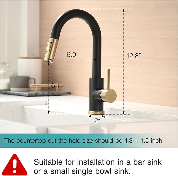 Modern Bar Sink Faucet for Kitchen Sink Single Handle with Pull Out Sprayer Hot and Cold Prep Sink Faucet Black and Gold