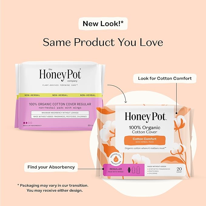 The Honey Pot Company - 80 ct - Sanitary Pads for Women - Non-Herbal Regular Flow w/Wings - Organic Cotton Cover & Ultra-Absorbent Pulp Core - Feminine Care