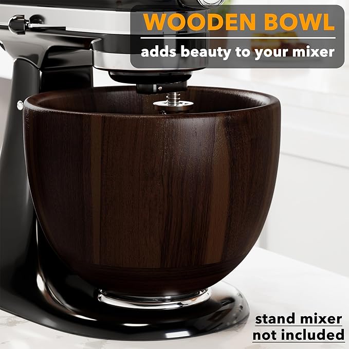 SpaceAid Wooden Bowl for Mixer - Kitchen Space Aid Acacia Wood Mixing Bowls Holder for Stand Mixer, Compatible with 4.5 & 5 QT Tilt-Head Models Kitchen, Dark Wood