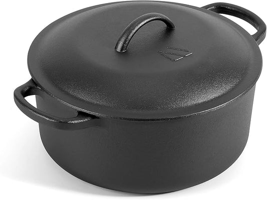 6 QT Basics Cast Iron Dutch Oven Pot with Lid and Dual Handles, Oven Safe up to 500°F Large Cooking Pan,Bread Oven