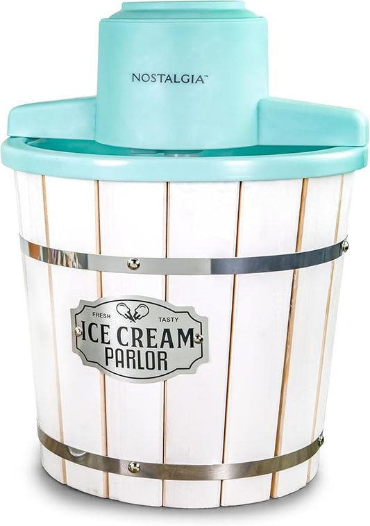 Nostalgia Electric Ice Cream Maker – Wood Bucket Parlor Style, Old Fashioned Soft Serve Ice Cream Machine Makes Frozen Yogurt or Gelato in Minutes - Fun Kitchen Appliance – White & Aqua - 4 Quart