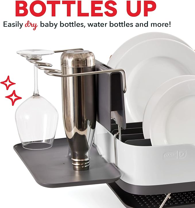DASH SmartStore™ Full Size Dish Rack – Plates, Cups, Utensil Holder, Knife Slot, Drainage Spout + Drying Mat – White
