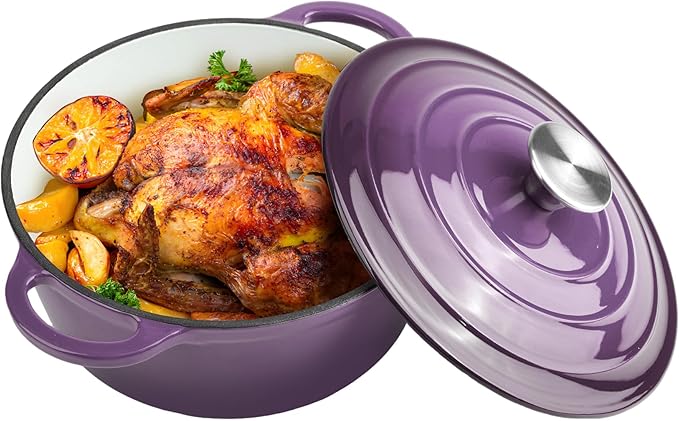 3 Quart Dutch Oven Enameled Cast Iron with Lid - Big Dual Handles - Oven Safe up to 500°F - Classic Round Pot for Versatile Cooking Purple