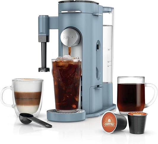 Ninja Pod & Grounds Specialty XL Single-Serve Coffee Maker, K-Cup Pod Compatible, Brews Grounds, Compact Design, Built-In Milk Frother, 68-oz. Reservoir, 6oz. Cup-24oz. Mug Sizes, Denim Blue, PB055ABL
