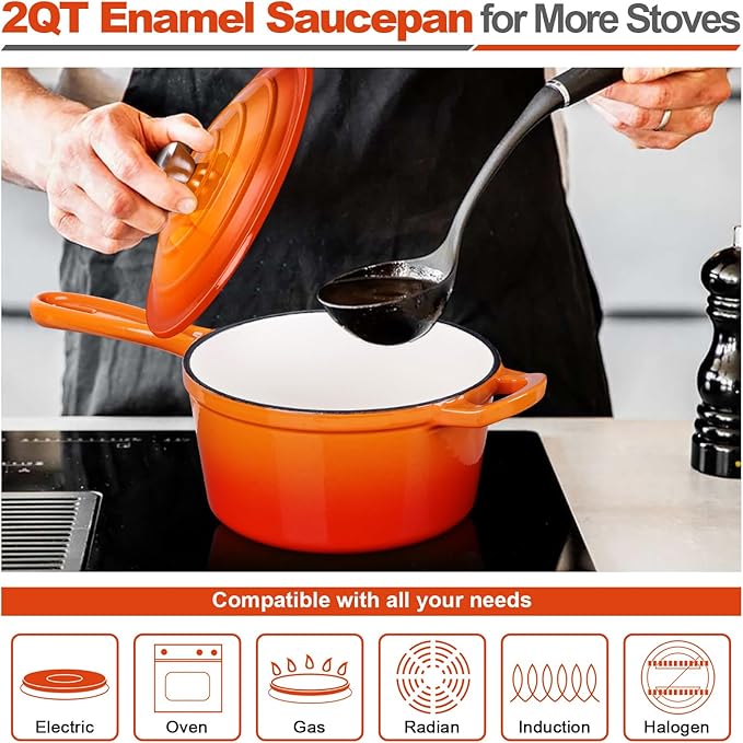 HaSteeL 2 QT Cast Iron Saucepan, Mini Enamel Dutch Oven with Lid, Small Non Stick Pan for Milk, Pasta Tomato Sauce, Butter, Breakfast, Soup, Suitable for Boiling Stewing Frying, Easy to Clean, Orange