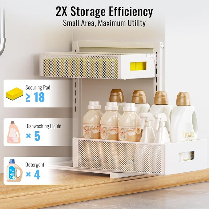 Under Sink Organizer, Bathroom Organizers and Storage, Cabinet Organizer Pottery Barn Furniture for Kitchen, Bathroom, Pantry, Laundry, Study, White，1XL, 2PCS