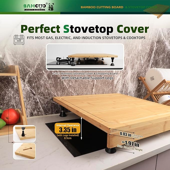 20 x 22 Inch Bamboo Cutting Board, Stovetop Cover and Over-the-Sink Board with Detachable Legs & Non-Slip Front Lip, Reversible Kitchen Counter Chopping Board