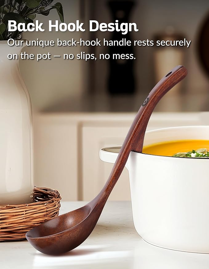 Soup Ladle - Luxury Teak Wood Ladle Set of 3 – Chef-Grade, Eco-Friendly Wooden Cooking Utensils with Reinforced Neck Joint & Anti-Slip Notch Handle – Multi-Size, Gift-Ready Ladle Spoons Set