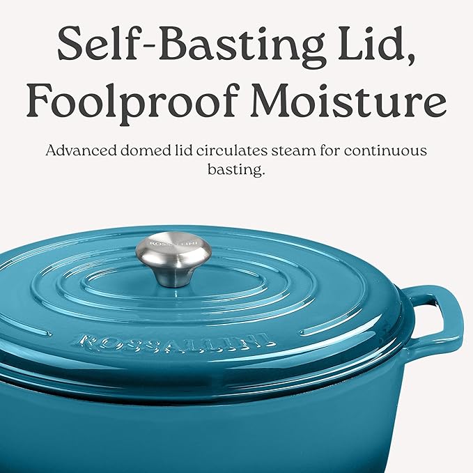 Signature Enameled Cast Iron Oval Dutch Oven | Non-Stick Serving Pot with Tight Fitting Lid for Perfect Roasting, Baking, Sauteing, and Bread Making | 6.75Q [Ocean Blue]
