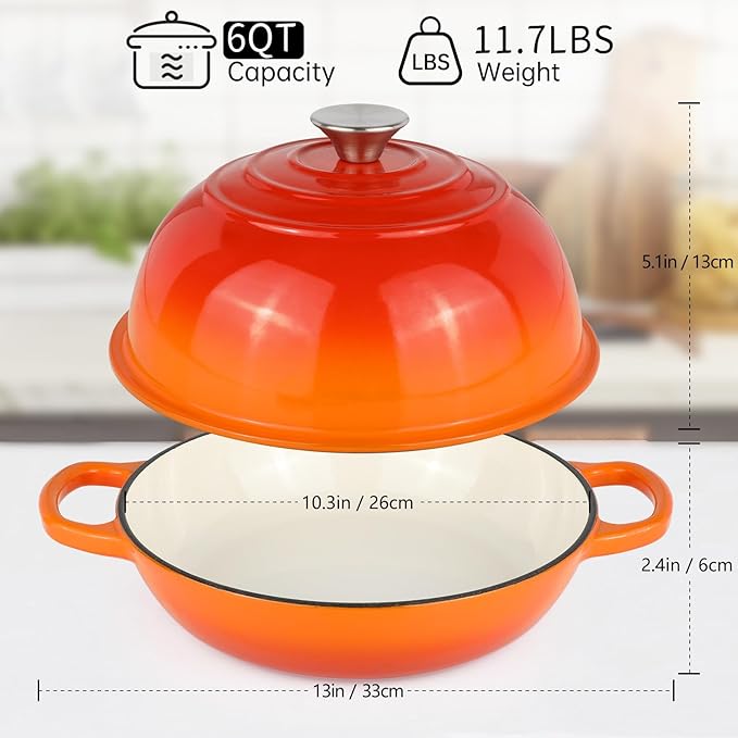 Enameled Cast Iron Bread Oven, Dutch Oven Pot with Lid, 10" Bread Dutch Oven for Sourdough Bread Baking, 6 Quarts Bread Pan with Dome Lid, Non-stick Cookware for Homemade Bread, Orange