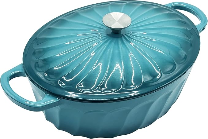 Enameled Oval Dutch Oven Pot with Lid, 7 QT Cast Iron Dutch Oven with Dual Handles for Cooking, Bread Baking, Frying, Non-stick Enamel Coated Oven (Blue-Green)