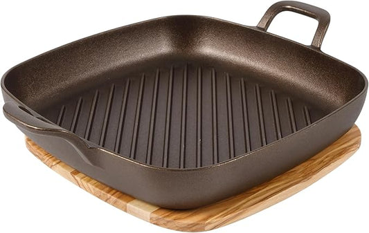 Bloomhouse - Two Time Oprah's Favorite Things Winner - Natural Bronze Finish 12" Square Cast Iron Grill Pan – Olive Oil Treated Surface w/Dual Handles & Olive Wood Trivet, Oven Grill Campfire Safe