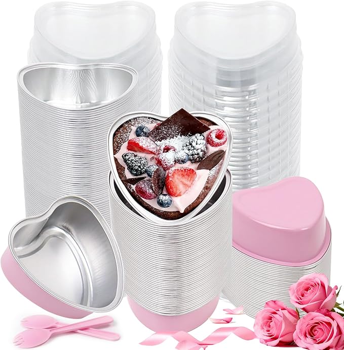 200 Pack 3.4 oz Pink Heart Shaped Mini Cake Pans with Lids, Disposable Aluminum Foil Pans for Valentine's Day Gifts, Cheesecake, Brownies & Romantic Parties