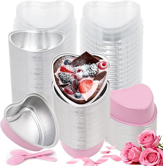 200 Pack 3.4 oz Pink Heart Shaped Mini Cake Pans with Lids, Disposable Aluminum Foil Pans for Valentine's Day Gifts, Cheesecake, Brownies & Romantic Parties