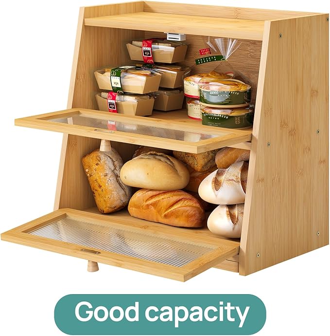 Large Bread Box for Kitchen Counter With Cutting Board, 2-Tier Bread Box, Bamboo Wood Large Capacity Bread Storage Bin with Acrylic Wavy Door Panel