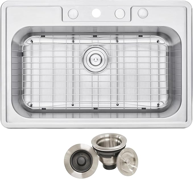 CozyBlock 33 x 22 x 9 Inch Top-mount/Drop-in Stainless Steel Single Bowl Kitchen Sink with Strainer and Protective Bottom Grid - 18 Gauge Stainless Steel-4 Faucet Hole