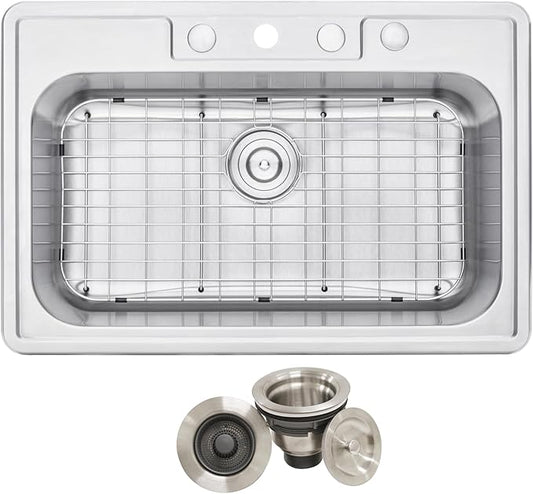 CozyBlock 33 x 22 x 9 Inch Top-mount/Drop-in Stainless Steel Single Bowl Kitchen Sink with Strainer and Protective Bottom Grid - 18 Gauge Stainless Steel-4 Faucet Hole