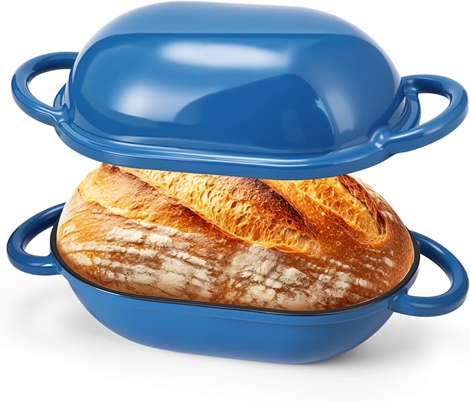 Maxdot 4qt Dutch Oven with Lid Enameled Cast Iron Sourdough Bread Pan for Baking Non Stick Single with Loop Handles for Family Homemade Breadbaking(Blue)