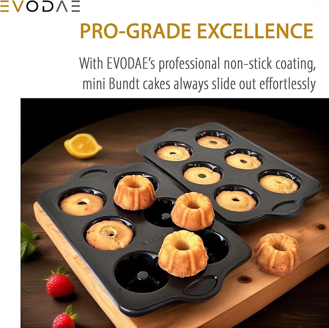 EVODAE® Mini Bundt Cake Pans for Baking – Set of 2 – 6 Cups Each (12 Cups Total) – Nonstick Black Carbon Steel – Heavy-Duty & Built to Last – Carefully Packaged in a Clean Black Box – PFOA & PTFE Free