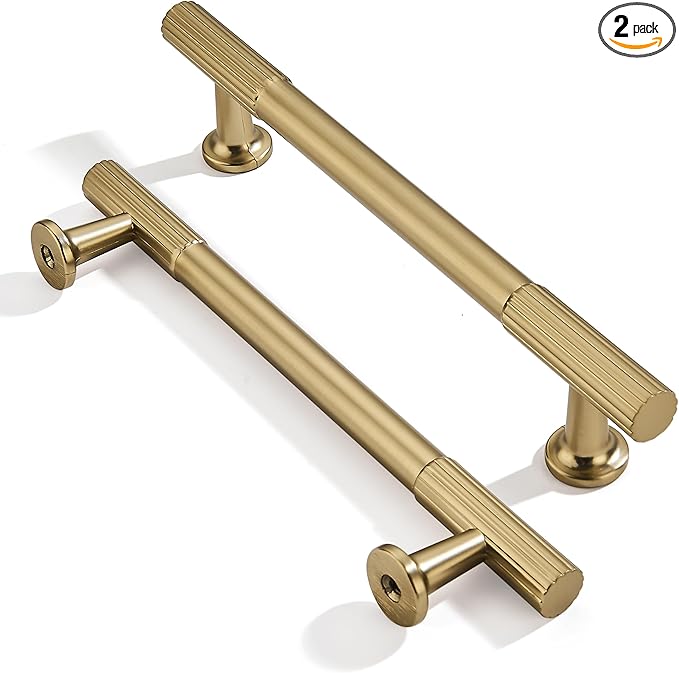 khtumeware 5 Inch Hole Center 2 Pack Brushed Brass Heavy Duty Solid Warm Brass Cabinet Pulls, Kitchen Drawer Handles, for Dresser cabinets, cabinets