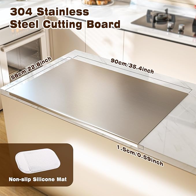 Nisorpa 304 Stainless Steel Chopping Board with Lip, Extra Large Cutting Boards for Kitchen Heavy Duty Cutting Plate with Anti-Slip Mat for Meat Vegetables & Bread, Pastry Board, 35.4"Lx22.8"W