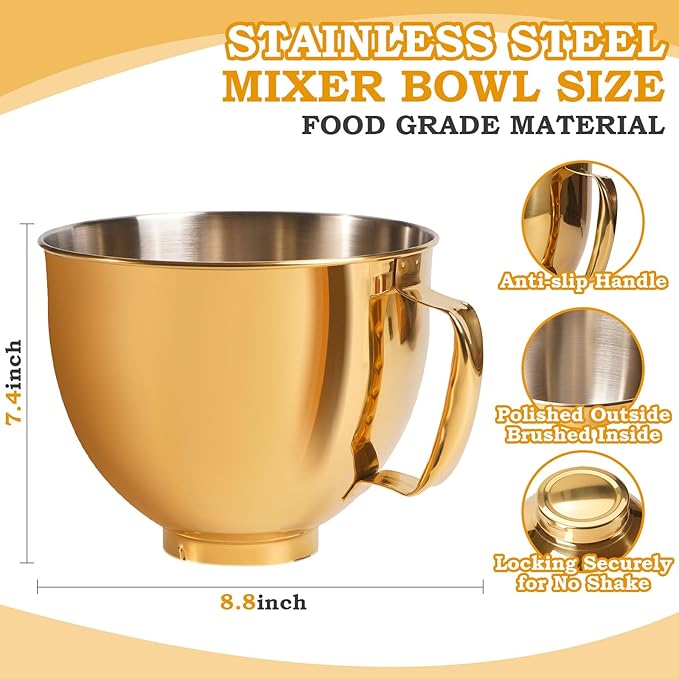 5 Quart Mixing Bowl for KitchenAid Stand Mixers, Food-Grade Stainless Steel Bowl with Handle & Clasp, Compatible with Tilt-Head 4.5–5 Qt Models – Fits K45, K45SS, KSM75