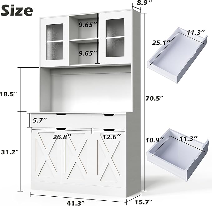 71" Tall Kitchen Pantry Storage Cabinet Large Farmhouse Hutch Cabinet with Microwave Stand, Charging Station, Adjustable Shelves, Countertop for Dining Room, Living Room, White